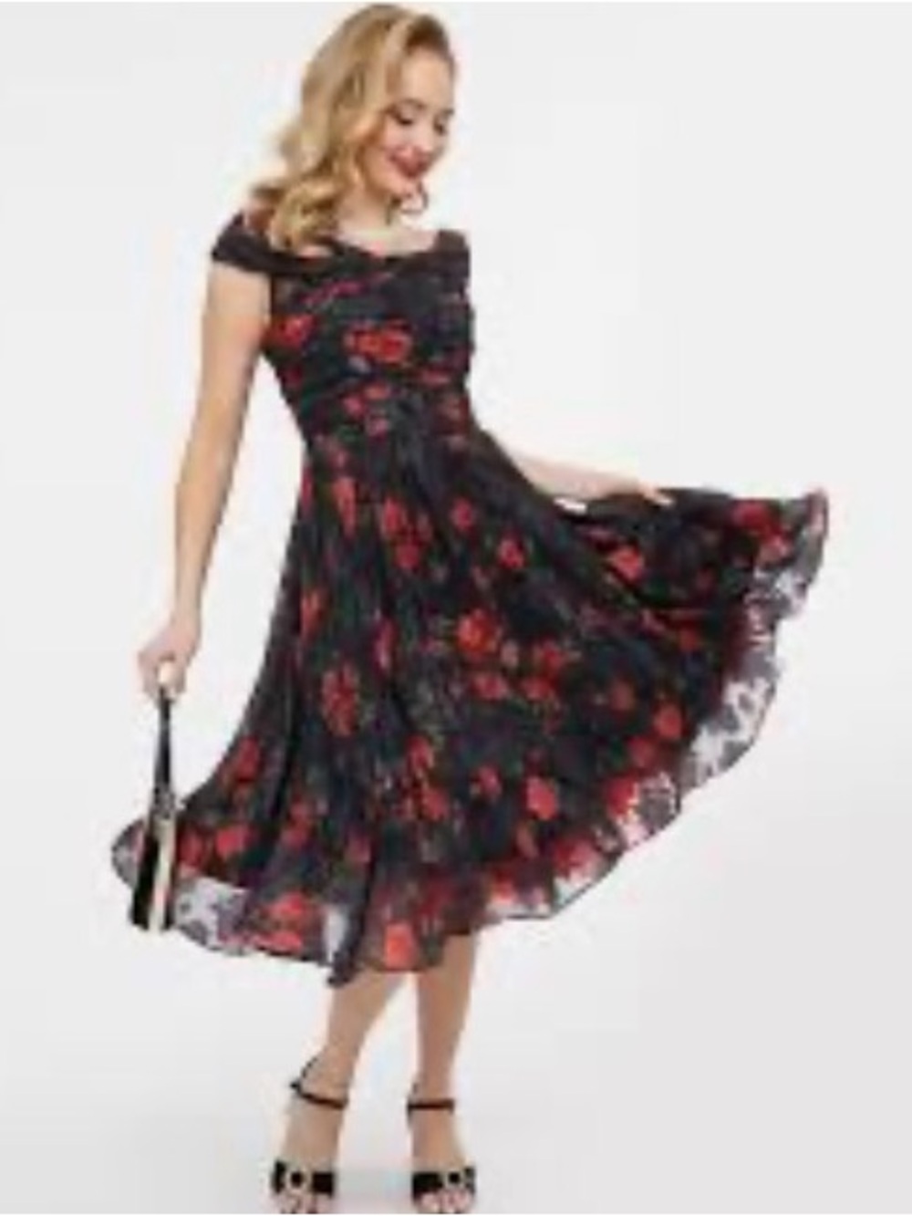 NWT Unique Vintage Black & Red Rose Off-Shoulder Swing Dress M/6-8